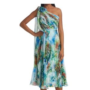 Marchesa Notte, Painterly One-Shoulder Midi-Dress, Size 2
